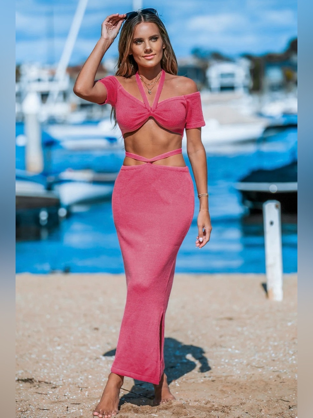 Women's Pink Cutout Maxi Strappy Waist two piece dress NWT Cupshe